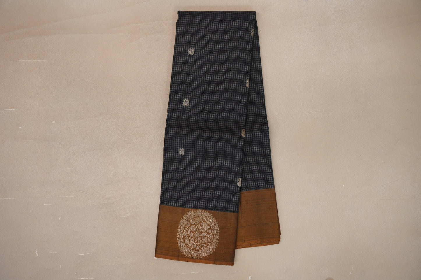 Deep navy blue with Golden Olive Green Vintage Kanjivaram Silk Saree by Shreenivas Silks PSSR019393