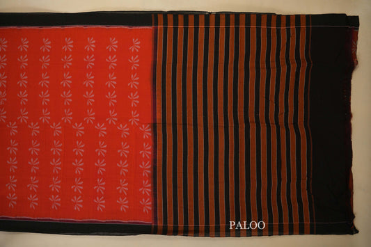 Orange with Black Borders Ikat Cotton Saree Paloo