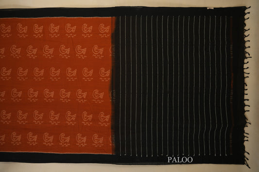 Brick Rust with Black Borders Ikat Cotton Saree Paloo