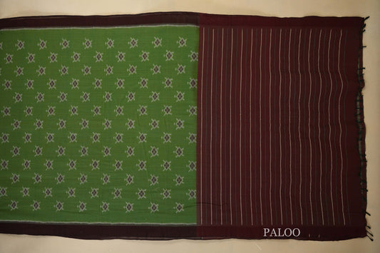 Light Green with Coffee Brown Borders Ikat Cotton Saree Paloo