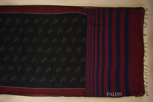 Black with Maroon Borders Ikat Cotton Saree Paloo