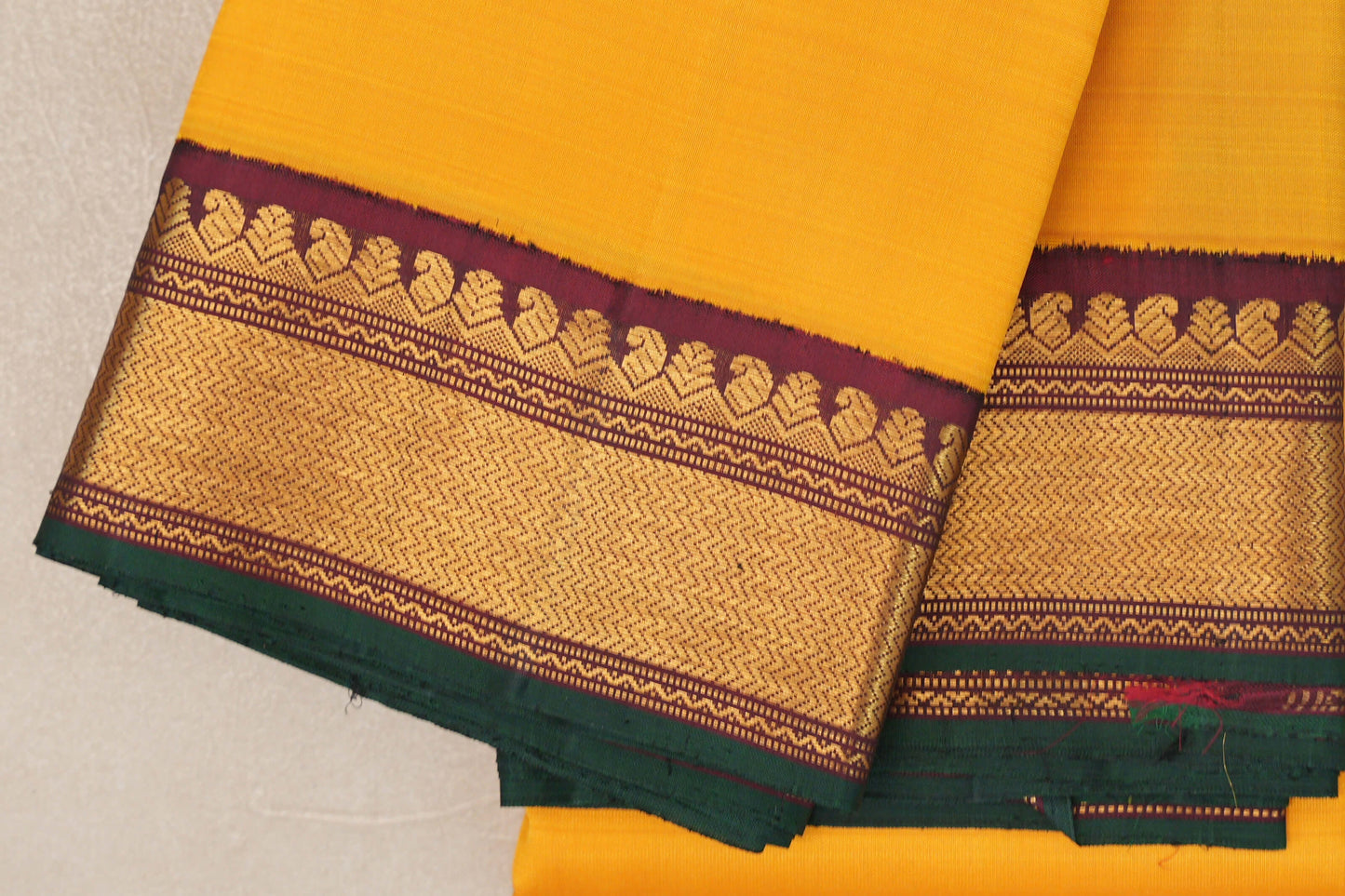 Plain Turmeric Yellow with Reddish Maroon Borders Vintage Kanjivaram Silk Saree by Shreenivas Silks PSSR019418