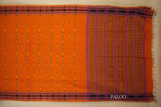 Orange with Multi Color Borders Ikat Cotton Saree Paloo