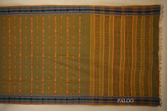 Mehandi Green with Peacock Blue Borders Ikat Cotton Saree Paloo