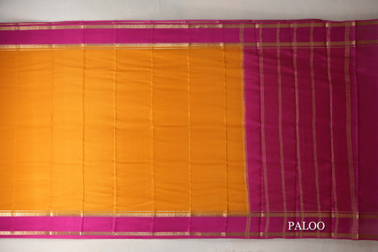 Mango Yellow with Bright Pink Borders Mysore Silk Saree paloo