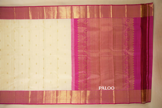 Half White with Pink Borders Vintage Kanjivaram Silk Saree Paloo