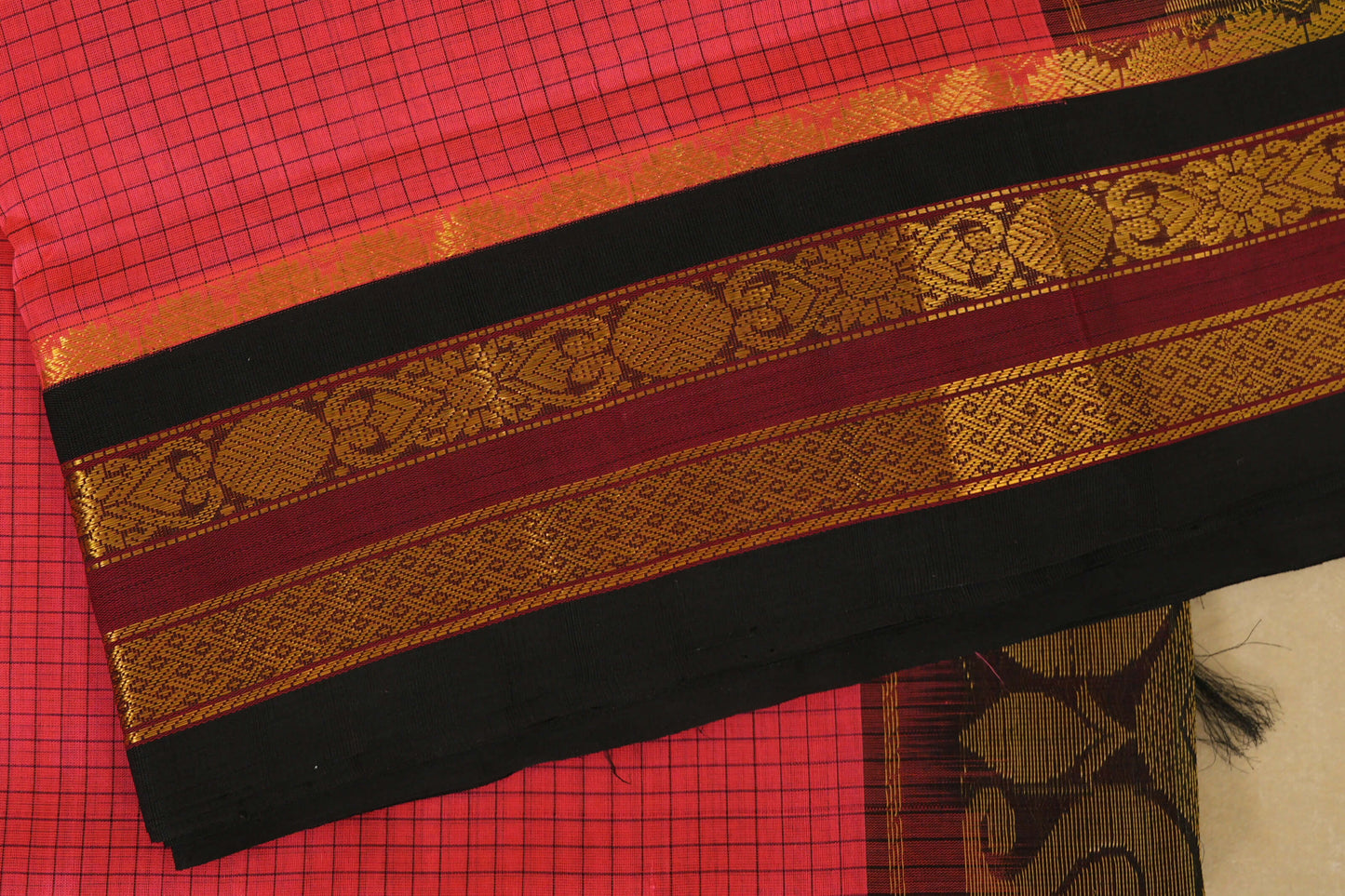 Orangish Pink with Black Borders Silk Cotton Saree by Shreenivas Silks PSSR018356