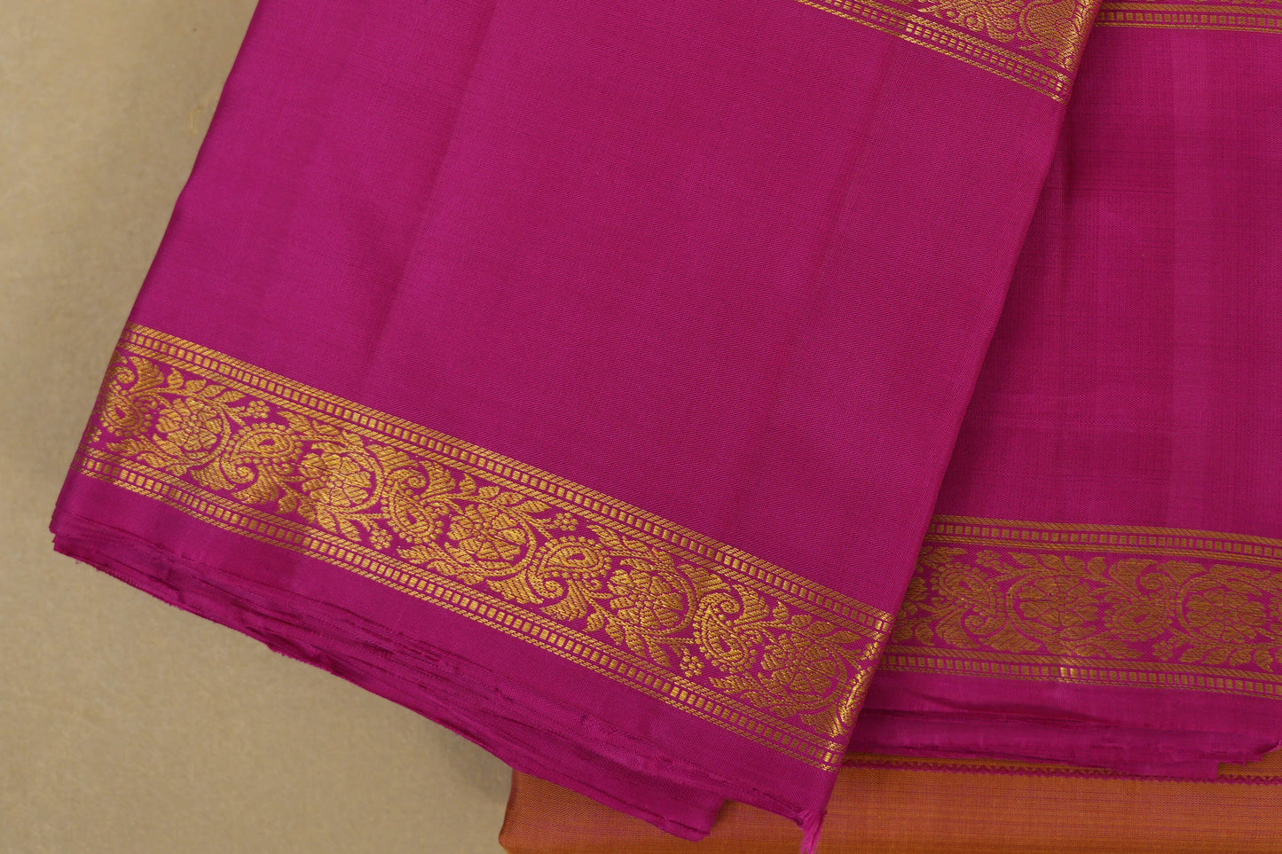 Pinkish Orange with Pink Borders Vintage Kanjivaram Silk Saree by Shreenivas Silks PSSR018376
