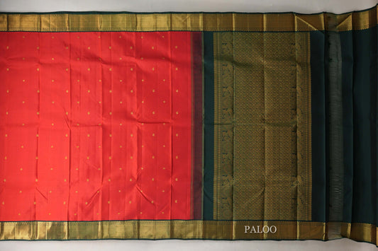 Tomato Red with Deep Bottle Green Borders Vintage Kanjivaram Silk Saree paloo