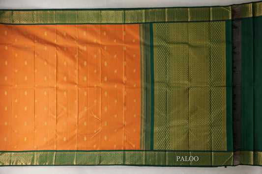 Mustard Orange with Bottle Green Borders Vintage Kanjivaram Silk Saree paloo