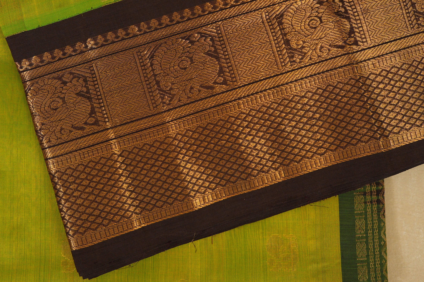 Fluorescent Green with Coffee Brown Borders Silk Cotton Saree online