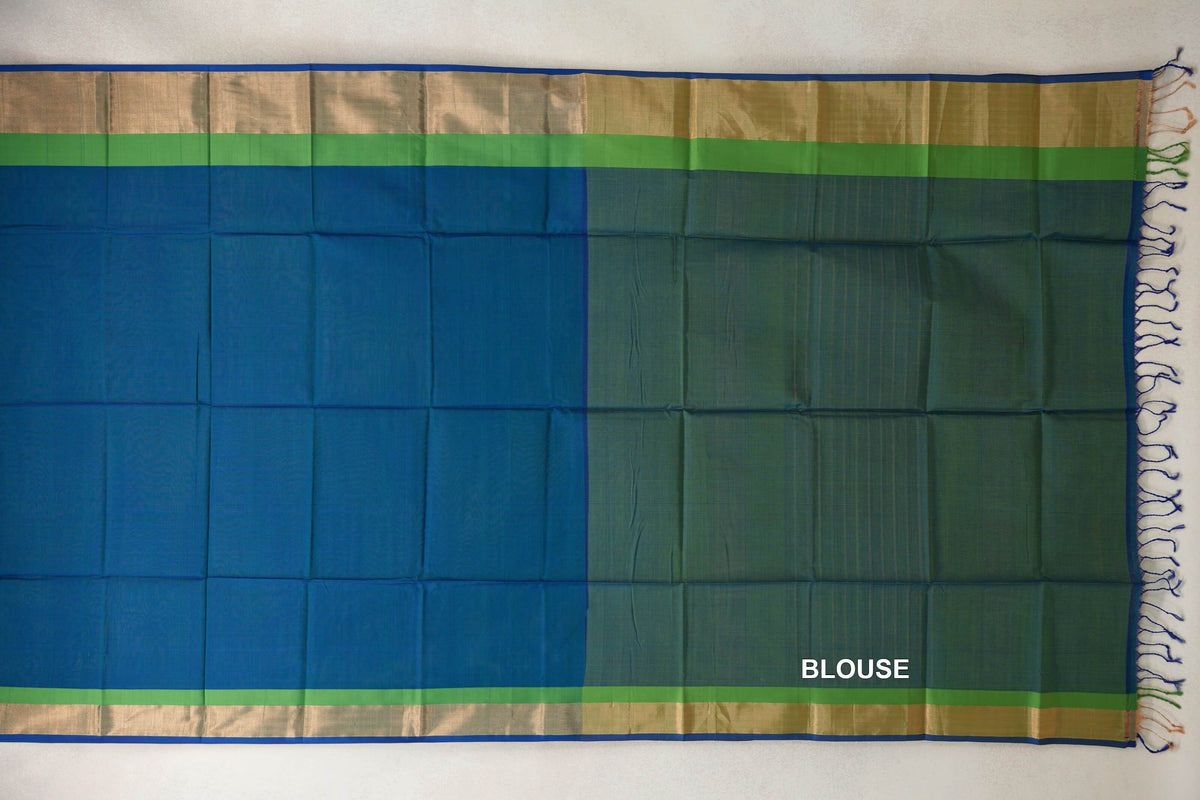 Peacock Blue with Parrot Green Borders with Royal Blue Selvedge Maheshwari Silk Cotton Saree by Shreenivas Silks PSSR0110639
