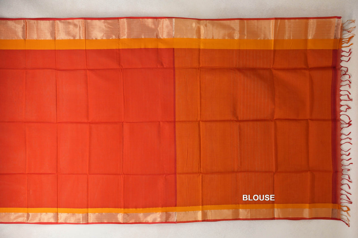 Tomato Red with Mustard Orange Borders with Red Selvedge Maheshwari Silk Cotton Saree by Shreenivas Silks PSSR0110641