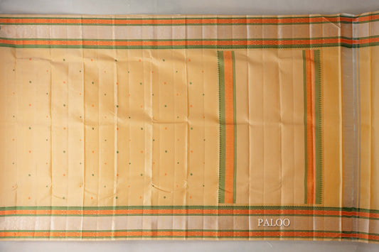 Light Yellow with Multi Color Thread Woven Borders Vintage Kanjivaram Silk Saree paloo