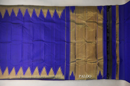 Deep Blue Violet Temple Borders Vintage Kanjivaram Silk Saree paloo