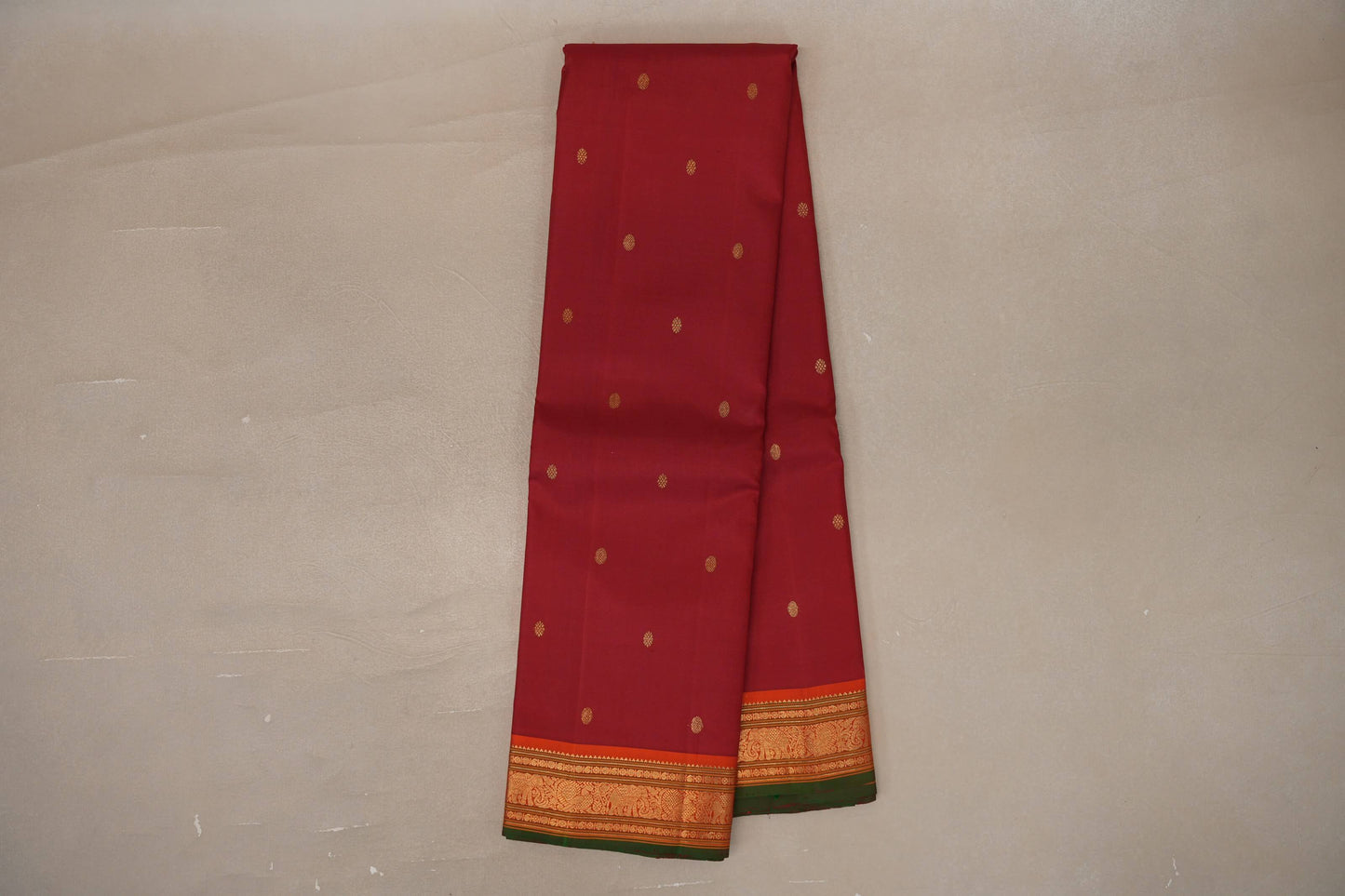Reddish Maroon with bright orange borders Vintage Kanjivaram Silk Saree by Shreenivas Silks PSSR019546
