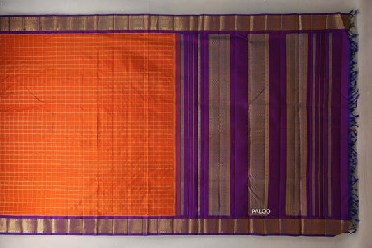 Bright orange with Royal Purple borders Ten Yards Silk Saree by Shreenivas Silks PSSR019556