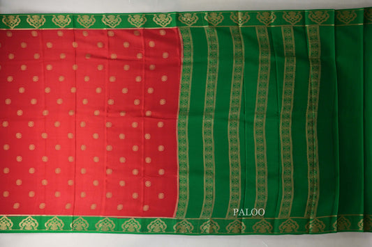 Bright Red with Emerald Green Borders Mysore Silk Saree paloo