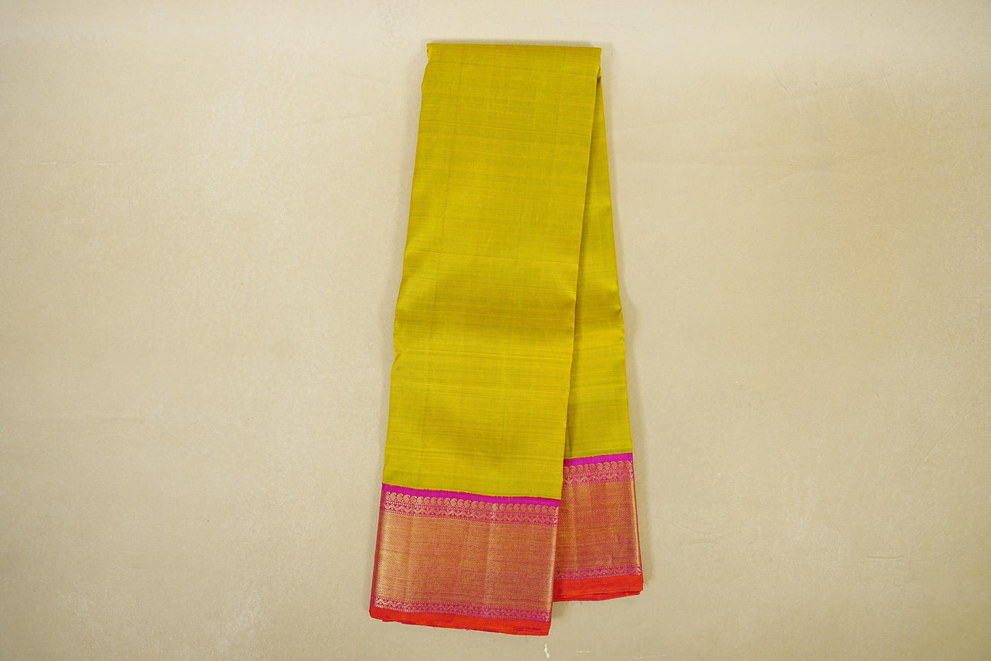 Dual Tone of Green and Yellow with Rani Pink Borders Vintage Kanjivaram Silk Saree by Shreenivas Silks PSSR018454