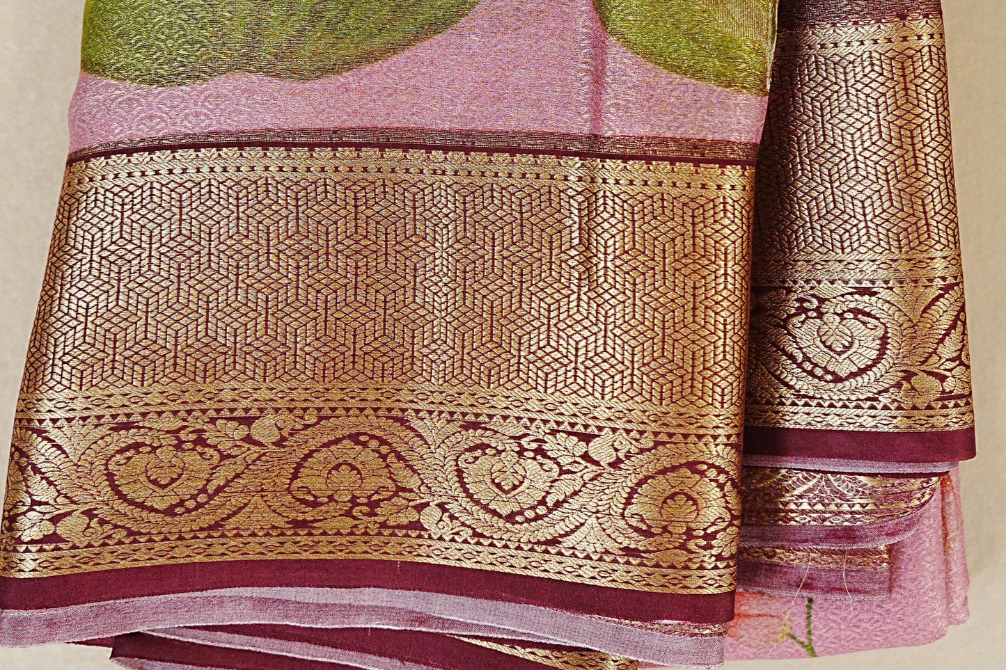 Dual Tone Pastel Pink with Antique Gold Mysore Silk Saree border zoom