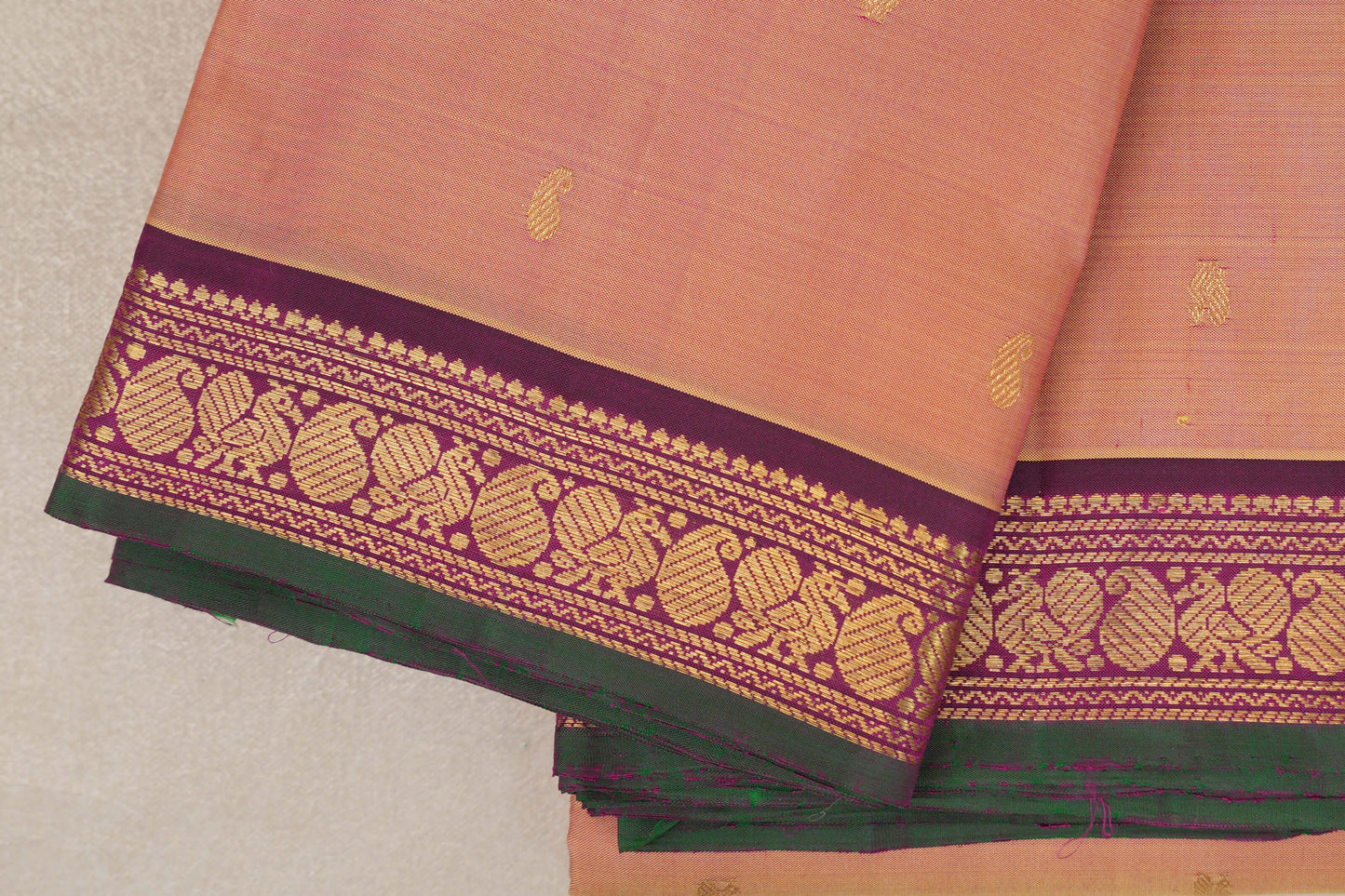 Dual Tone of Yellow and Pink with Deep Magenta Borders and Bottle Green Selvedge Vintage Kanjivaram Silk Saree by Shreenivas Silks PSSR019616