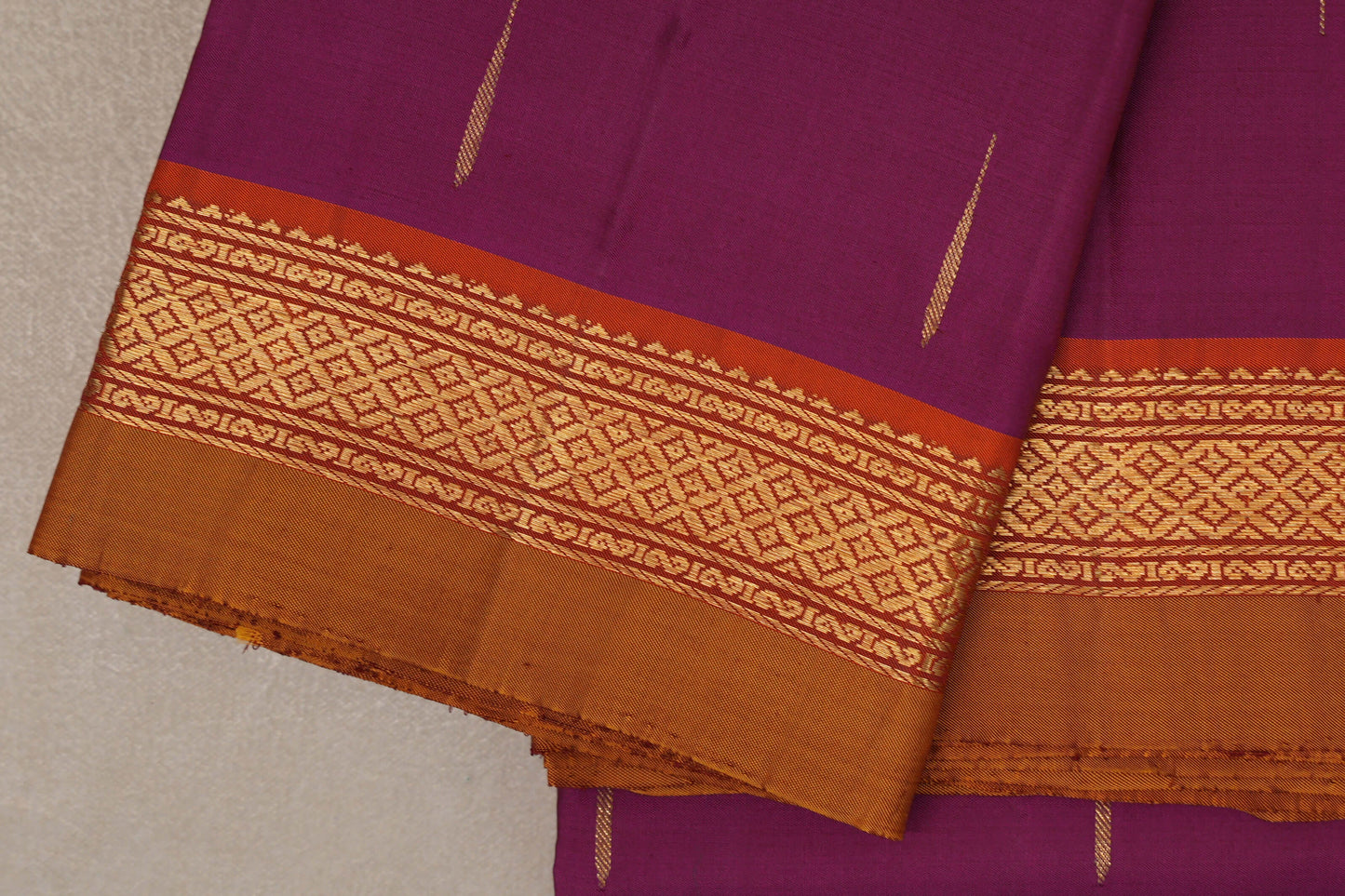 Magenta with Rust Orange Borders and Mustard Selvedge Vintage Kanjivaram Silk Saree by Shreenivas Silks PSSR019621