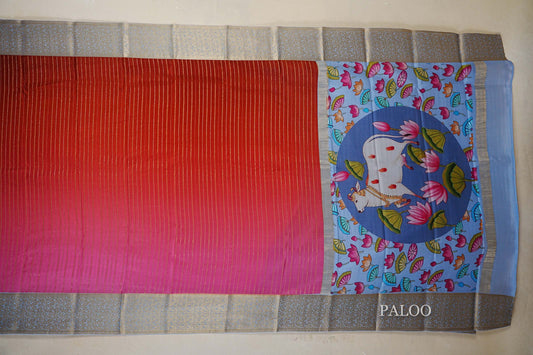 Dual Tone Deep Pink and Rust with Light Sky Blue Borders Mysore Silk Saree paloo