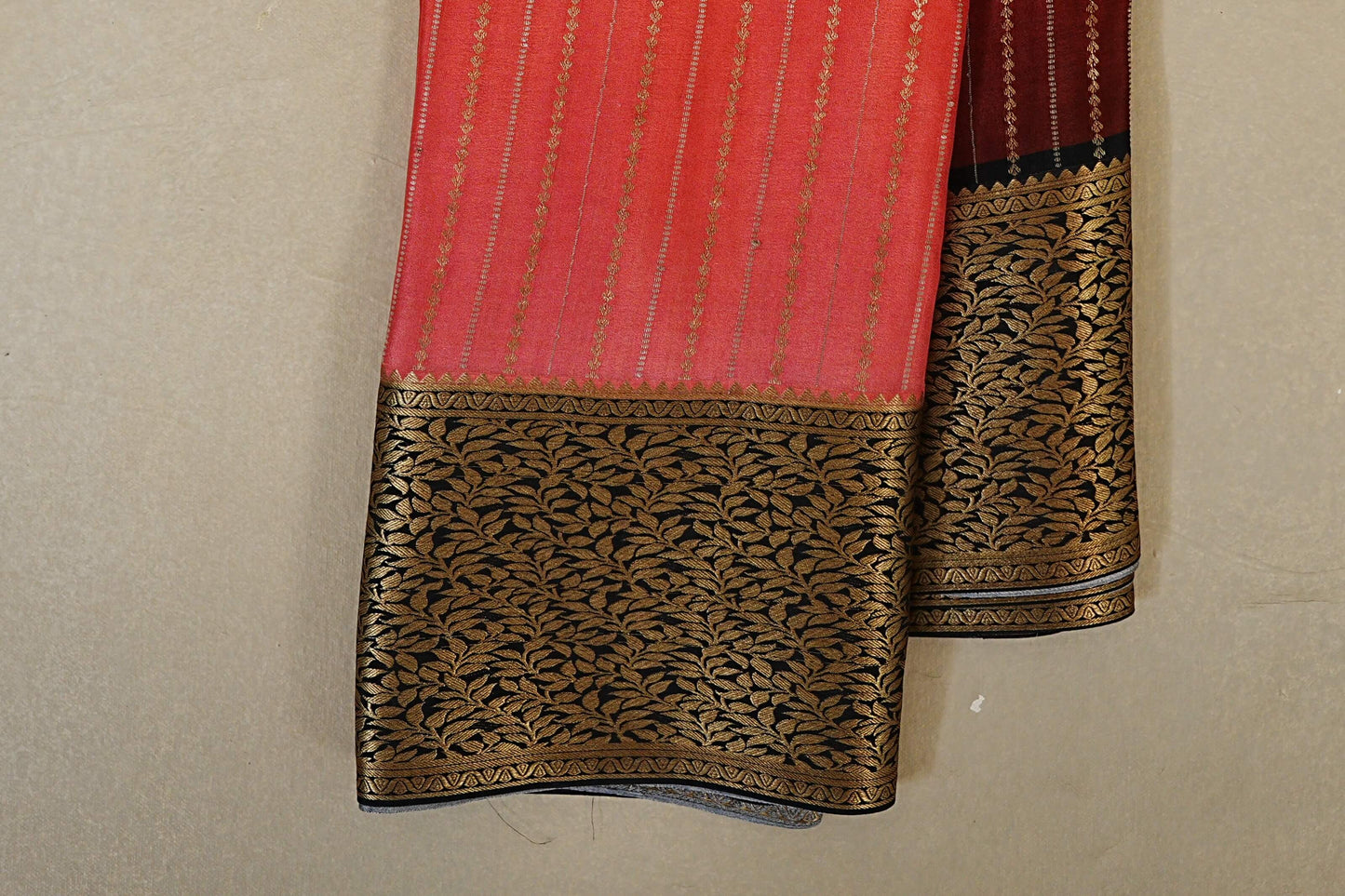 Dual Tone Deep Pink and Rust with Black Borders Mysore Silk Saree borders zoom