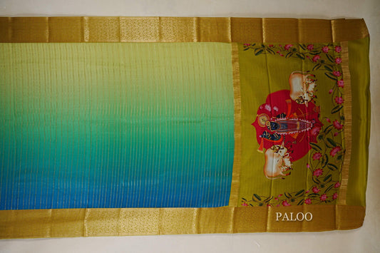Dual Tone Green and Blue with Yellowish Green Borders Mysore Silk Saree paloo