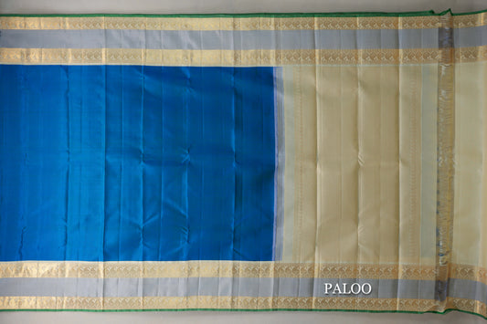 Peacock Blue with Cream Rettai Pettu Borders Vintage Kanjivaram Silk Saree by Shreenivas Silks PSSR019625