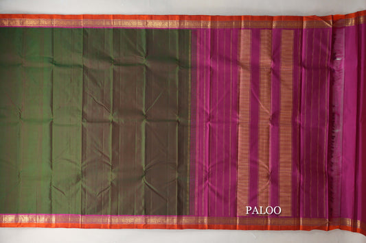 Dual Tone of Forest Green and Deep Maroon with Magenta Borders and Rust Orange Selvedge Vintage Kanjivaram Silk Saree by Shreenivas Silks PSSR019626