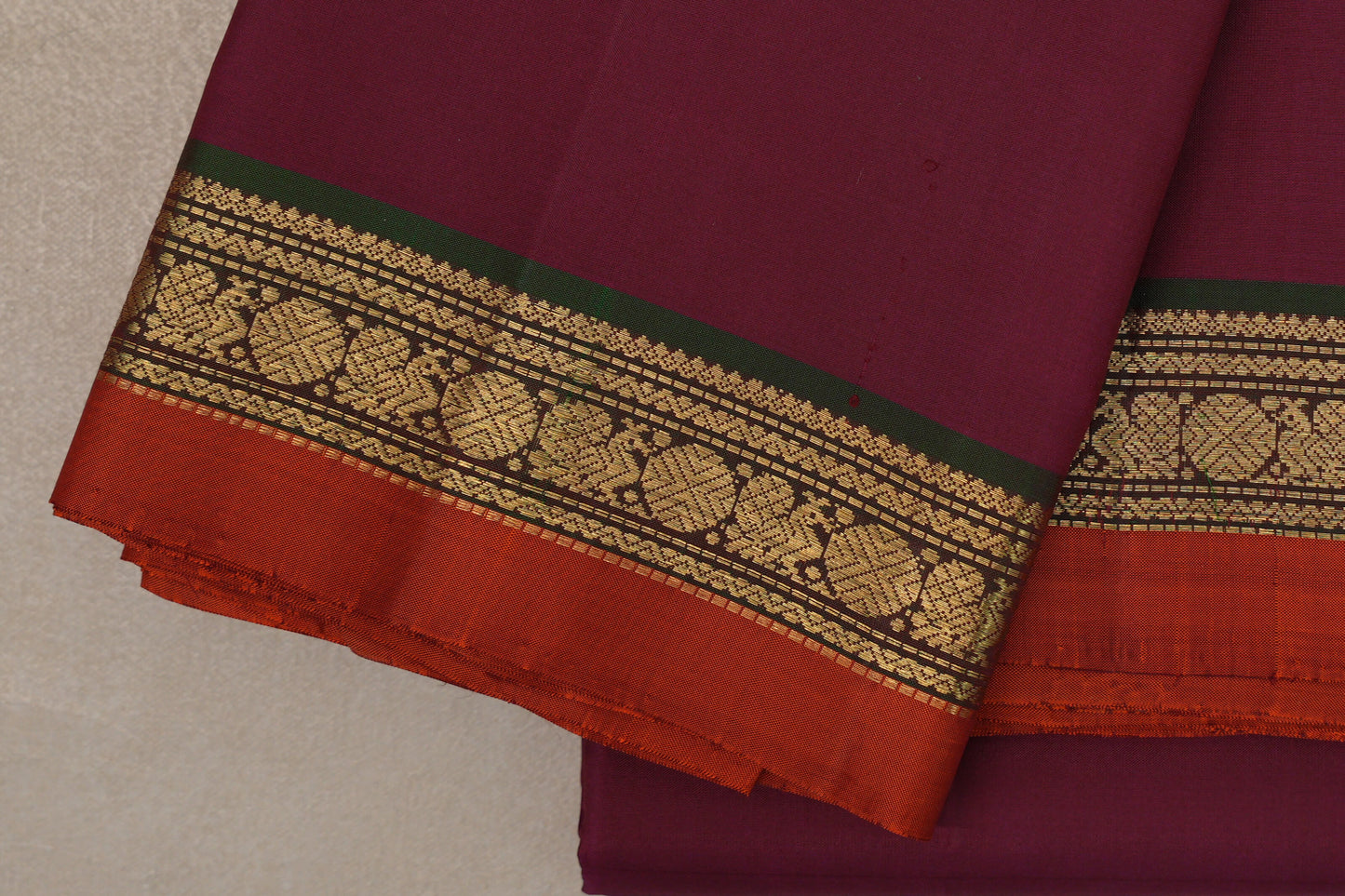 Deep Magenta with Dual Tone of Green and Maroon Borders and Orange Selvedge Vintage Kanjivaram Silk Saree by Shreenivas Silks PSSR019627