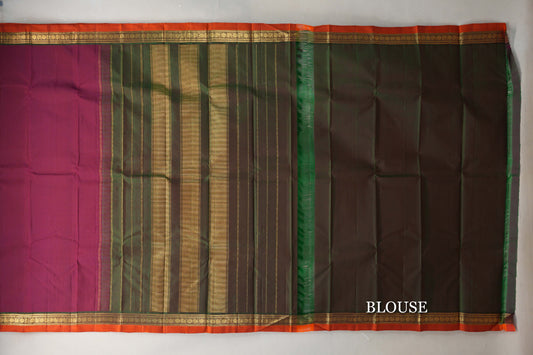 Deep Magenta with Dual Tone of Green and Maroon Borders and Orange Selvedge Vintage Kanjivaram Silk Saree by Shreenivas Silks PSSR019627