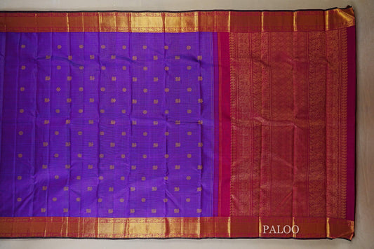 Dual Tone Purple and Blue with Rani Pink and Dark Green Selvedge Borders Heirloom Kanjivaram Silk Saree paloo
