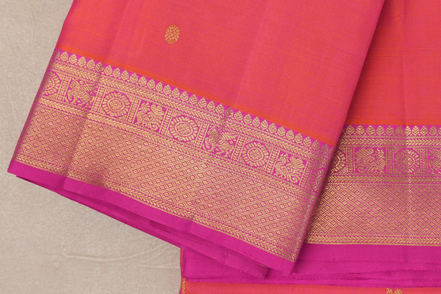 Orangish Pink Vintage Kanjivaram Silk Saree border zoom