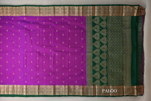 Dual Tone of Bright Magenta and Blue Light Weight Kanchipuram Silk Saree paloo