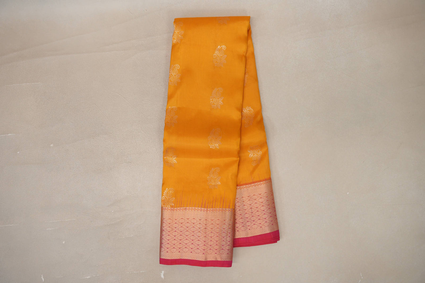 Mango yellow with Rani Pink borders Light Weight Kanchipuram Silk Saree by Shreenivas Silks PSSR019684