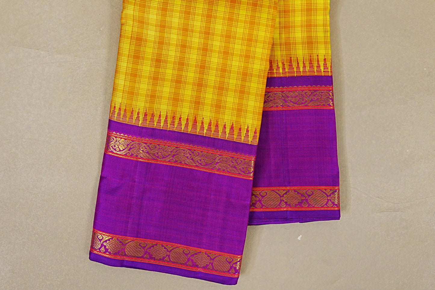Mustard Yellow Checks Vintage Kanjivaram Silk Saree border zoom