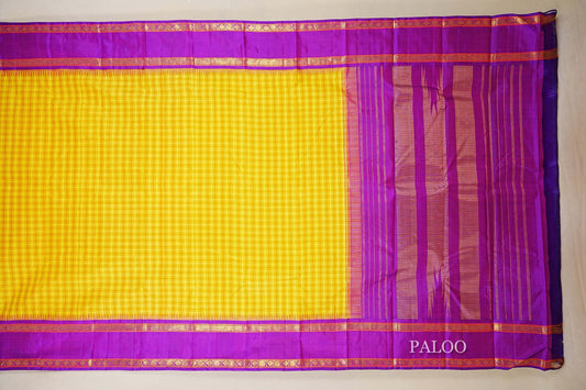 Mustard Yellow Checks Vintage Kanjivaram Silk Saree paloo