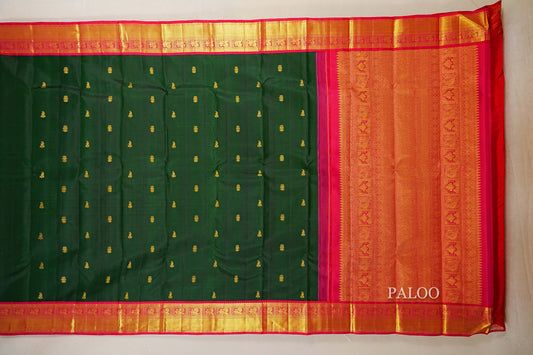 Bottle Green with Rani Pink Borders Vintage Kanjivaram Silk Saree paloo