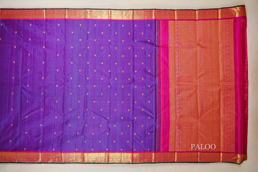Dual Tone Violet and Blue with Rani Pink Borders With Green Selvedge Vintage Kanjivaram Silk Saree by Shreenivas Silks PSSR018532