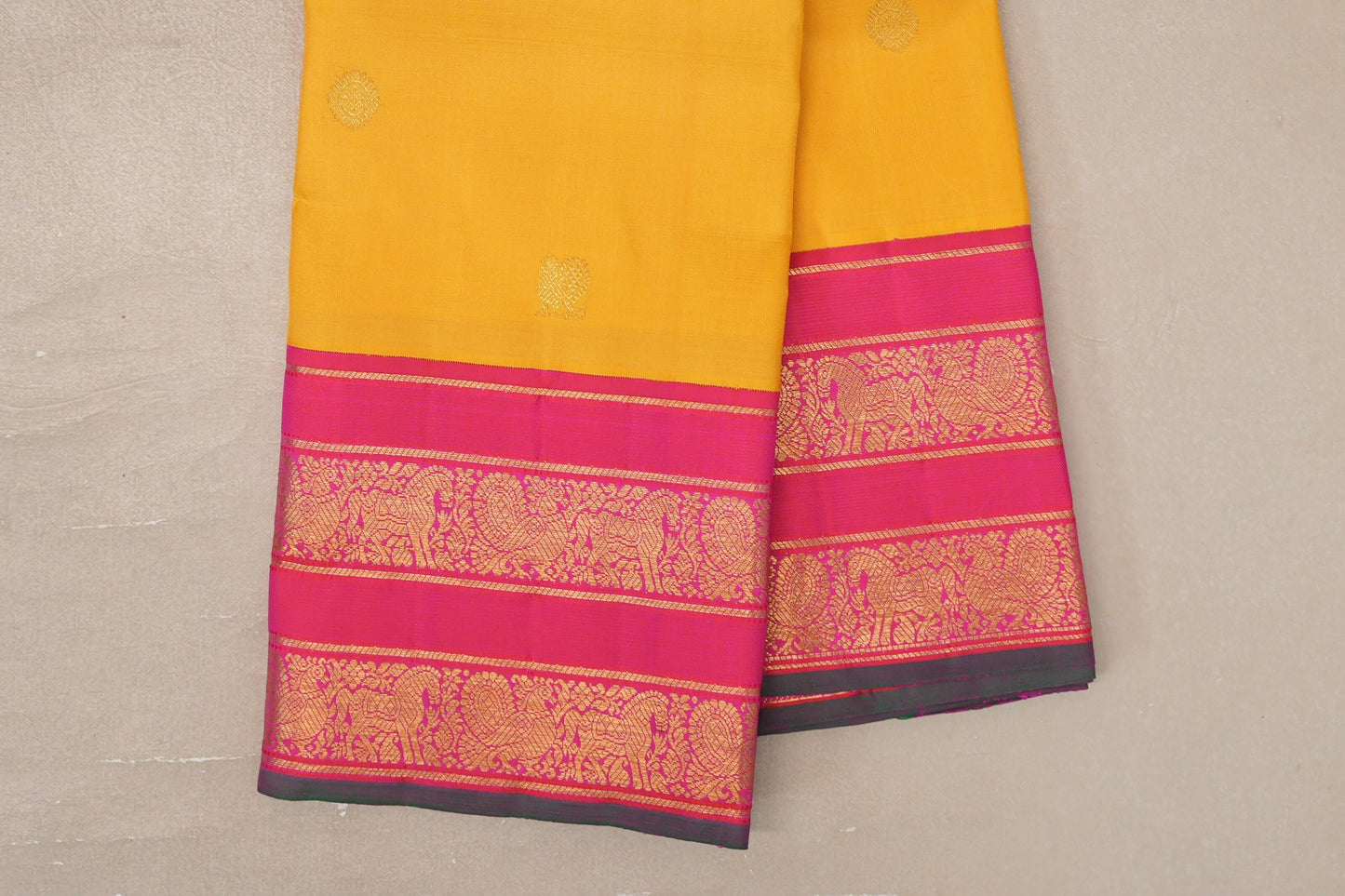 Mango Yellow with Orangish Pink Borders Vintage Kanjivaram Silk Saree by Shreenivas Silks PSSR019694 - Parisera