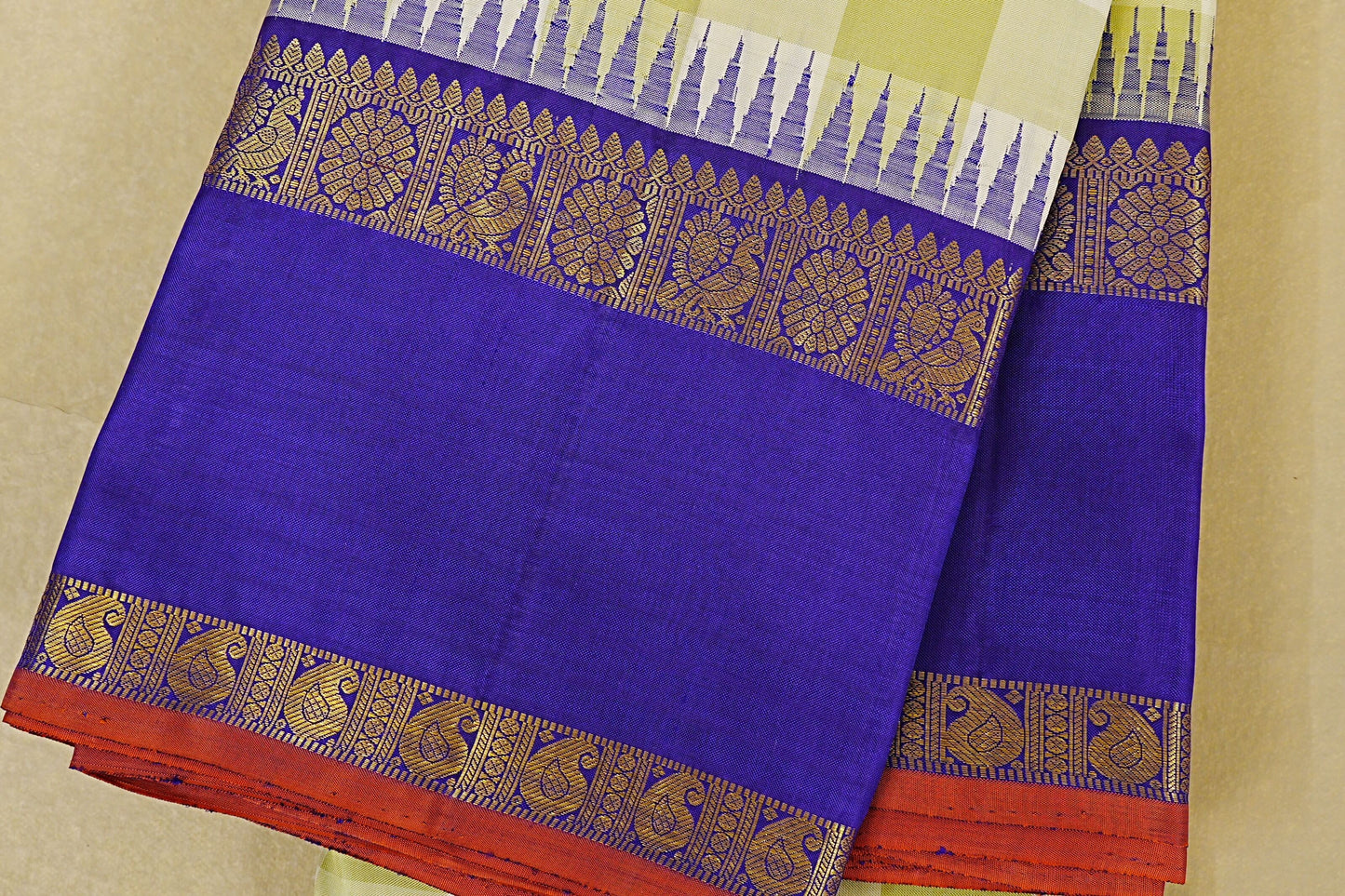 Pista Green and Off White Checks Vintage Kanjivaram Silk Saree border zoom