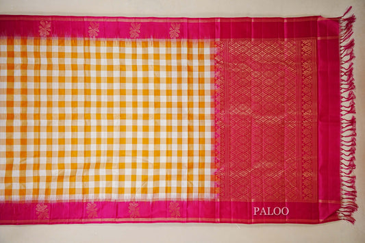 Mustard Orange and Off White Checks Light Weight Kanchipuram Silk Saree paloo
