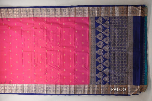 Orangish Pink with Deep Blue Borders Light Weight Kanchipuram Silk Saree paloo