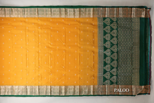 Bright Mango Yellow with Bottle Green Borders Light Weight Kanchipuram Silk Saree paloo