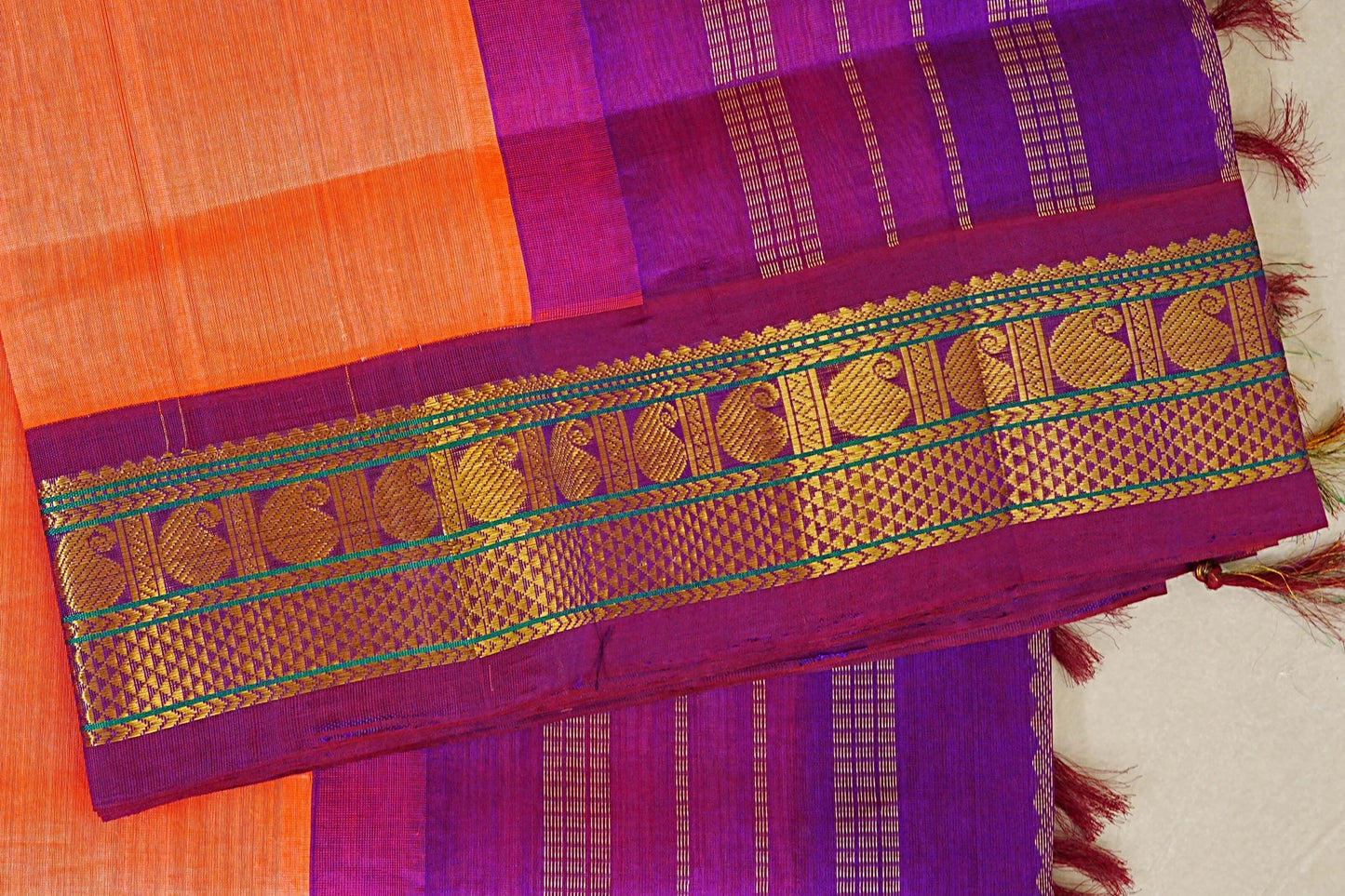 Peach with Purple Borders Silk Cotton Saree border zoom