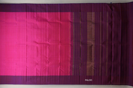 Bright Pink with Dual Tone of Orange & Deep Blue Borders Plant Based Kanjivaram Silk Saree paloo