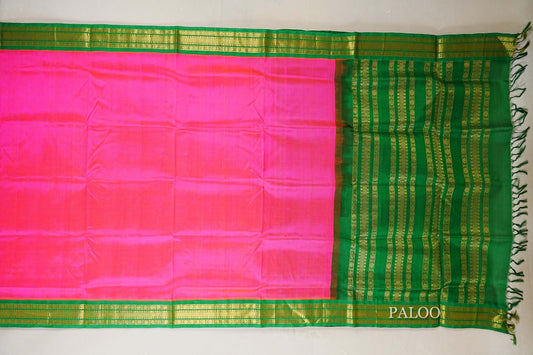 Rani Pink with Parrot Green Borders Silk Cotton Saree paloo
