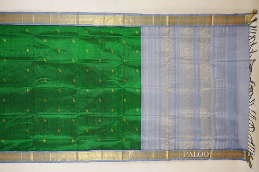 Deep Emerald Green with Steel Grey Borders Silk Cotton Saree paloo